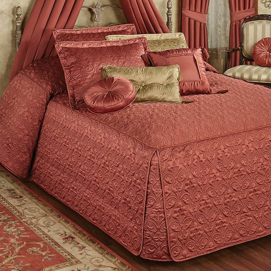 Cambridge Classic Luxury Bedding | Warm Cinnabar Solid Color Polyester Satin | Elaborate Damask Quilting | 6 Pc Bed Set Includes Oversized Queen Bedspread, 2 Standard Shams, and 3 Decorative Pillows