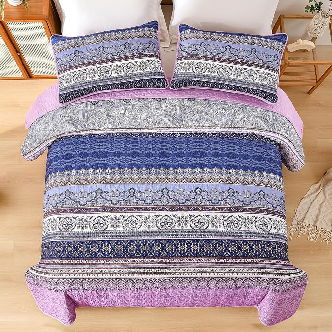 WONGS BEDDING Boho Queen Quilt Set, Purple Bohemian Quilt Bedding Set, Lightweight Bed Decor Bedspread for All Season Reversible Microfiber Coverlet Bedding Set 96"x90"(3 Pieces)
