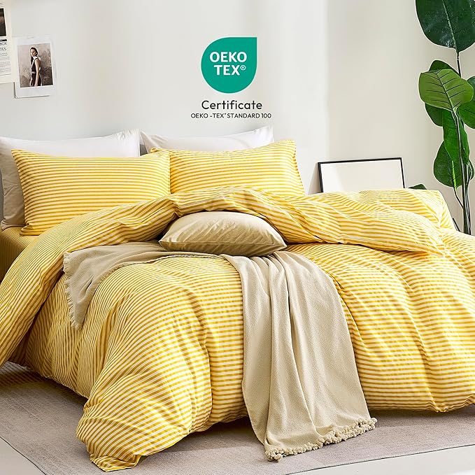 JELLYMONI 100% Natural Cotton 3pcs Striped Duvet Cover Sets,Yellow with White Stripes Pattern Printed Comforter Cover,with Zipper Closure & Corner Ties(Queen Size)