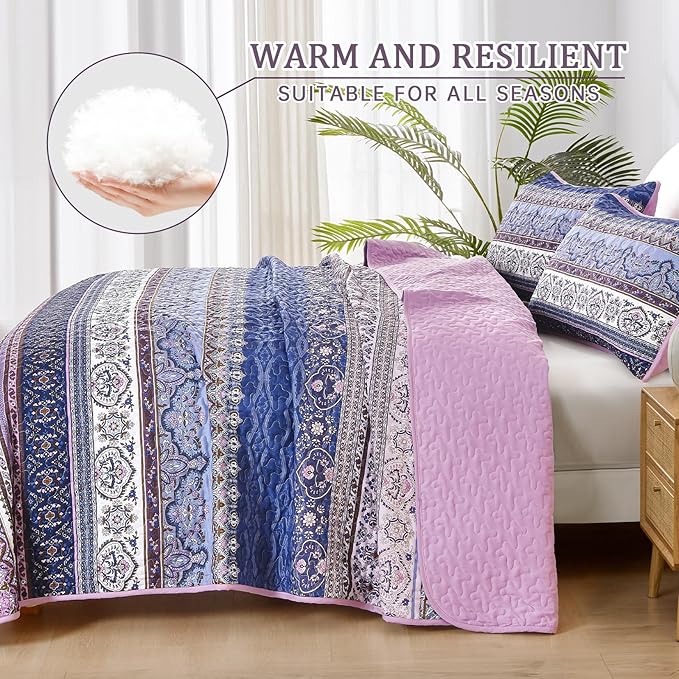 WONGS BEDDING Boho Queen Quilt Set, Purple Bohemian Quilt Bedding Set, Lightweight Bed Decor Bedspread for All Season Reversible Microfiber Coverlet Bedding Set 96"x90"(3 Pieces)