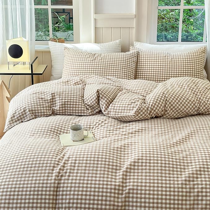 LifeTB Tan Gingham Duvet Cover California King 100% Washed Cotton Grid Bedding Set Beige Plaid Checked Duvet Cover 3 Pieces Vintage Grid Checkered Comforter Cover Soft Breathable Gingham Bedding Set