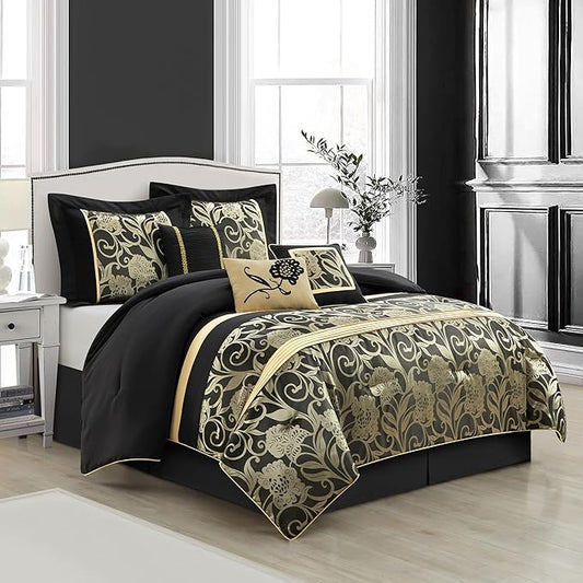 Grand Avenue Jacquard Floral Comforter Set, Luxury, 7 Pieces Full Black Bedding Set, Classic, Matching Pillows & Shams, Bed Skirt, Ultra-Soft, Lightweight Microfiber