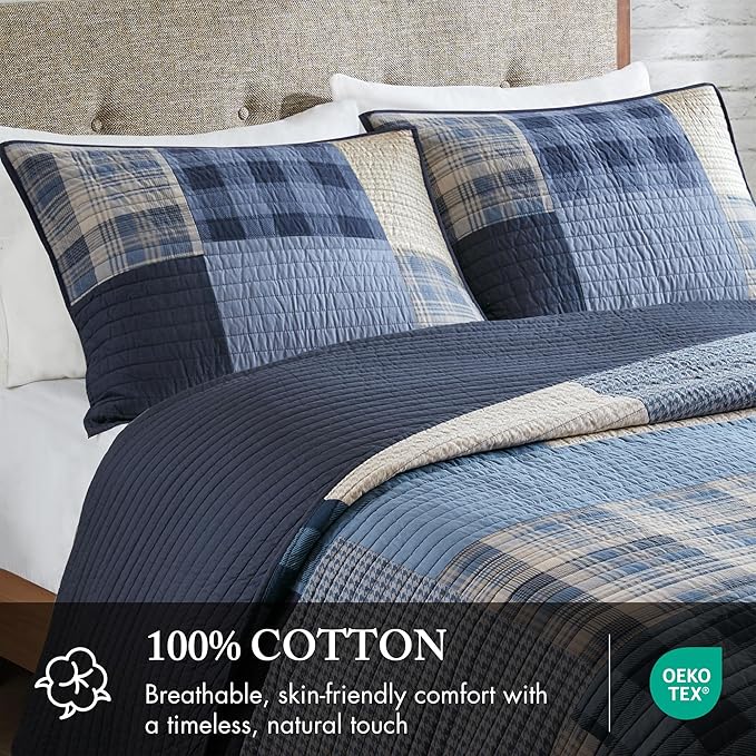 WOOLRICH Quilt Set Patchwork Channel Quilting, Cottage Coverlet for Twin Size Bed All Seasons, Lightweight Prewashed Cotton Coverlet Bedspread, Shams, Winter Hills, Oversized Twin/Twin XL Blue 2 Piece
