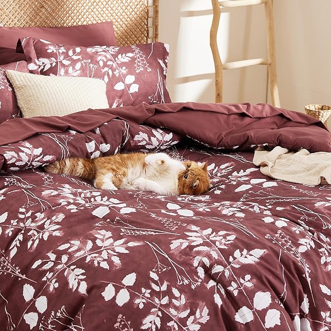 Bedsure Full Size Comforter Set - 7 Pieces Floral Burgundy Soft Bedding Sets, Full Bed in a Bag with Botanical Flowers Comforter, Sheets, Pillowcases & Shams