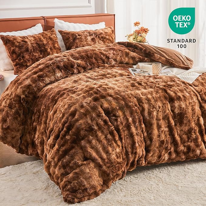 EMME Faux Fur Duvet Cover Twin Size, 2 Pieces Ultra Soft Fluffy Comforter Cover, Cozy Warm for Winter, Luxury Elegant Shaggy Bubble Design Bedding, 1 Duvet Cover & 1 Pillow Shams (Twin, Tie Dye Brown)