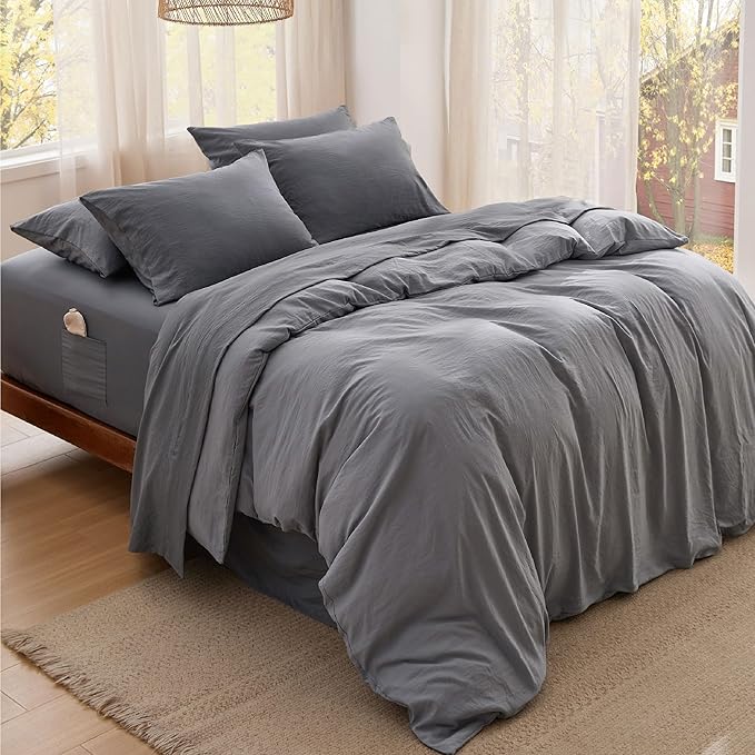 Bedsure Deep Pocket Queen Sheets - 6 Piece, Prewashed Ultra-Soft Queen Sheet Set, Fits Mattresses Up to 18 Inches Thick, Breathable & Secure Fit, Hotel Luxury Bedding, Grey