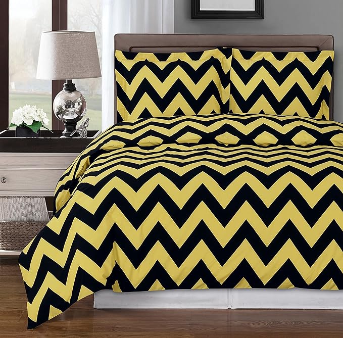Royal Hotel Bedding Gold and Black Chevron 4 Piece Full/Queen Comforter Set 100% Cotton 300 Thread Count