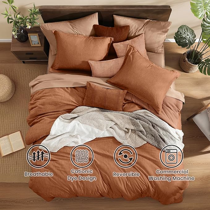 Monbix Super King Plus Size Comforter Set, Autumn Leaf Bedding Set Reversible, Comforter Set 7 Pieces, Cationic Dyeing Bed in a Bag with Comforter, Sheets, Pillowcases & Shams