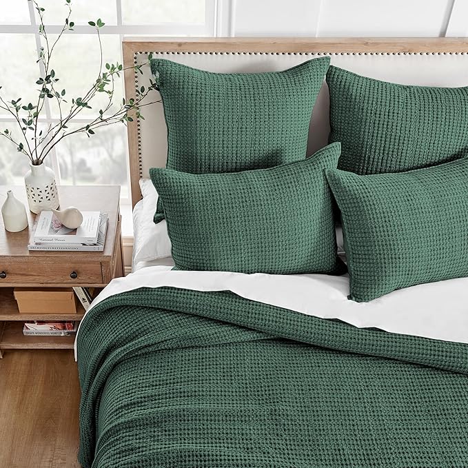Levtex Home Mills Waffle King Bedspread Set (120x104in) with 2 Pillow Shams (36x20in) - Forest Green - Cotton King Size Bedspread Set - Soft, Pre-Washed