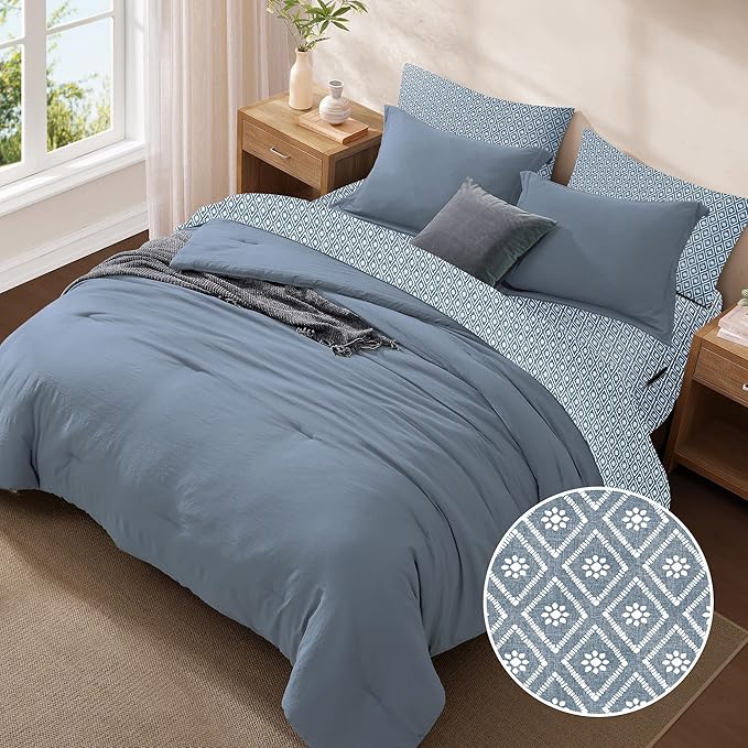 Monbix King Size Comforter Set - 7 Pieces Oxford Blue Prewashed Bed in a Bag King Bedding Sets with Comforters, All Seasons Ultra Soft Comforter Bed Set with Sheets,Pillowcases & Shams