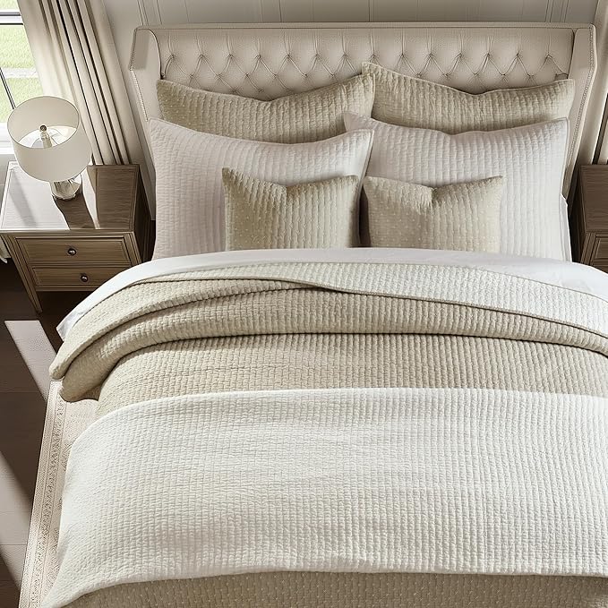 Levtex Home Cross Stitch Reversible King/Cal King Quilt Set (106x92in) and 2 Pillow Shams (36x20in) - Stitch Texture - Taupe - Cotton King Size Quilt Bedding Set - Lightweight Soft Pre-Washed