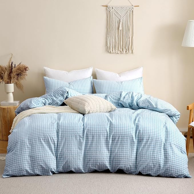 TOCOMOA Light Blue Gingham Duvet Cover Bedding Set 100% Washed Cotton Like Linen Feel Super Soft Comfy 3 Piece Vintage Plaid Checkered Comforter Cover Set (King 104"x90", Comforter Not Included)