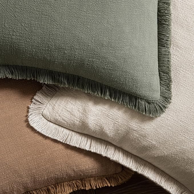 MIULEE Decorative Throw Pillow Covers Neutral Linen Fringe Throw Pillows Set of 2 Brown Boho Farmhouse Cushion Covers with Tassels for Couch Sofa Bed Living Room Spring Home Decor 16x16 Inch