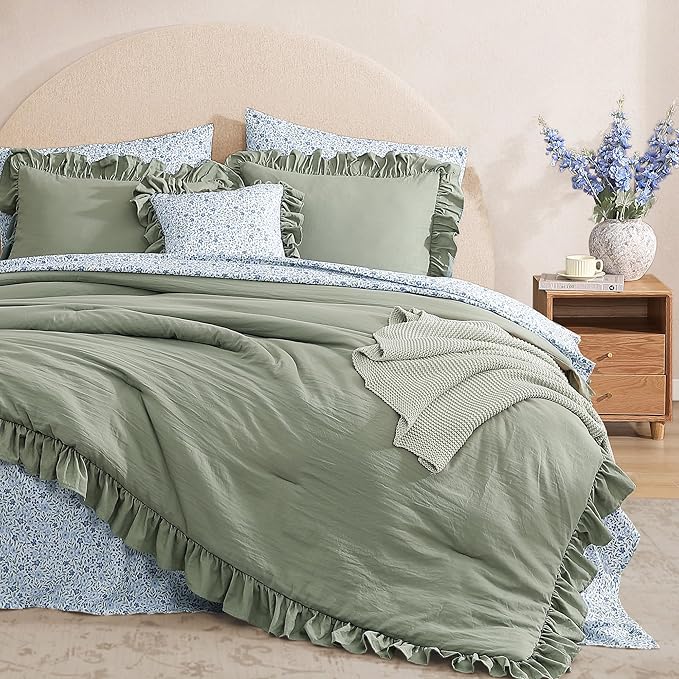 California King Comforter Set - 7 Pieces Ruffle Sage Leaf Bedding Sets, Shabby Chic Farmhouse Bed in a Bag with Ruffle Comforter, Floral Sheets, Pillowcases & Shams