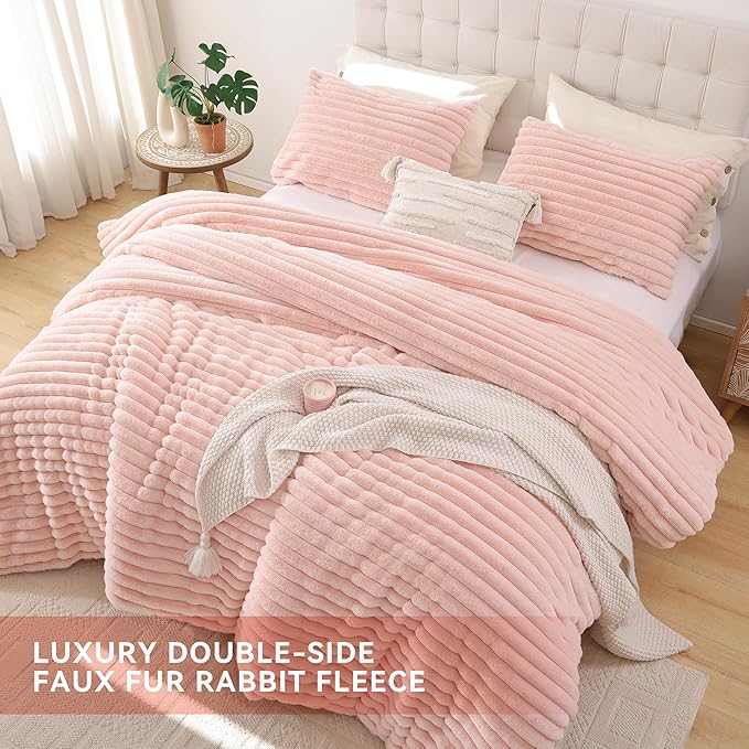 Smoofy Fluffy Queen Size Comforter Set 3 Pieces - Blush Pink Fleece Fluffy Comforter Set, Luxury Fuzzy Queen Bedding, Soft Warm Queen Bed Set All Season, Heavy Faux Fur Comforter with 2 Pillow Cases