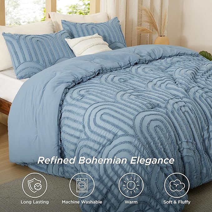 Bedsure Boho Tufted Blue Comforter King Size, GentleSoft™ 3 Pieces Boho Farmhouse Decor Bedding, Arch Shabby Chic Bedding for All Seasons, 1 Bed Comforter, 2 Pillow Shams, 104x90 Inches