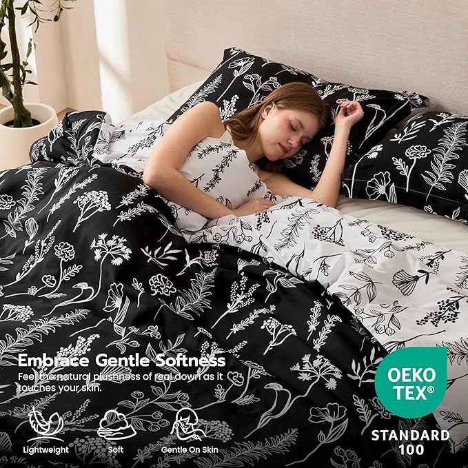 Joiedomi California King Comforter Set Black, 3 Pieces Floral California King Bedding Set with 1 Soft Reversible Botanical Comforter and 2 Pillow Shams, Bed in a Bag for All Seasons