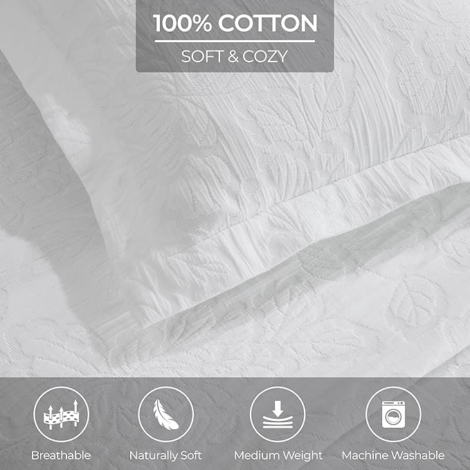 Superior 3 Piece Cotton Bedspread Set, Home Bed Decor, Decorative Bed Spread, 2 Pillow Shams, Medium Weight Blanket, Matelasse Coverlet, Bedding Essentials, Hibiscus Collection, King, White