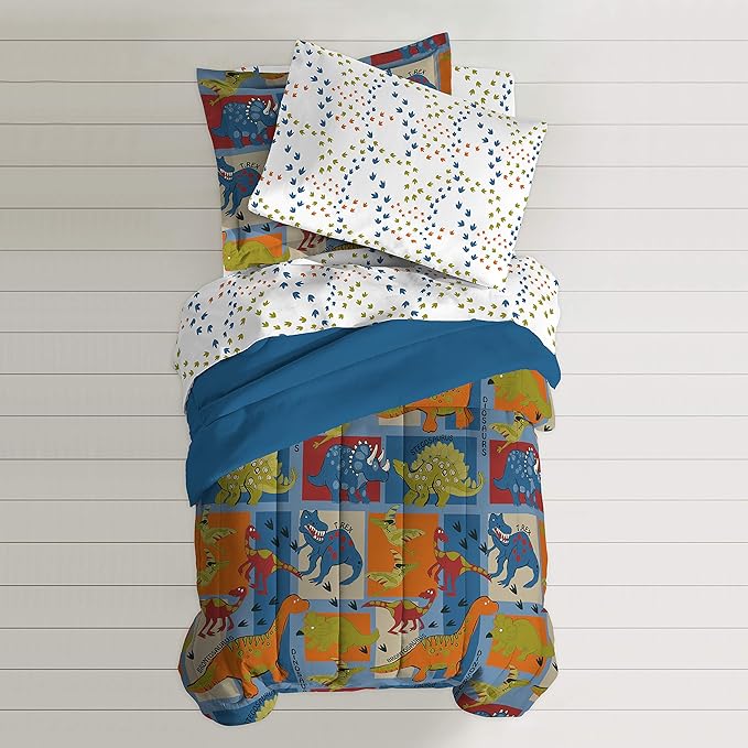 Dream Factory Dinosaur Blocks Ultra Soft Microfiber Boys Comforter Set, Blue, Twin