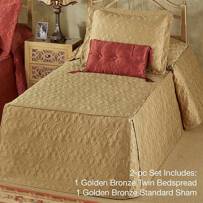 Cambridge Classic Luxury Bedding | Golden Bronze Solid Color Polyester Satin | Elaborate Damask Quilting | 2 Piece Bed Set Includes Twin Bedspread and Standard Pillow Sham | Also Fits Twin XL Beds