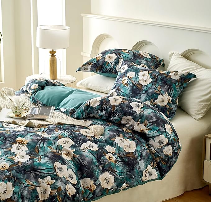 Cupocupa Duvet Cover Queen Size Set Boho Floral Pattern Queen Duvet Cover Set for Queen Size Bed Vintage Soft Bedding Leaf Print Duvet Cover with Pillowcases