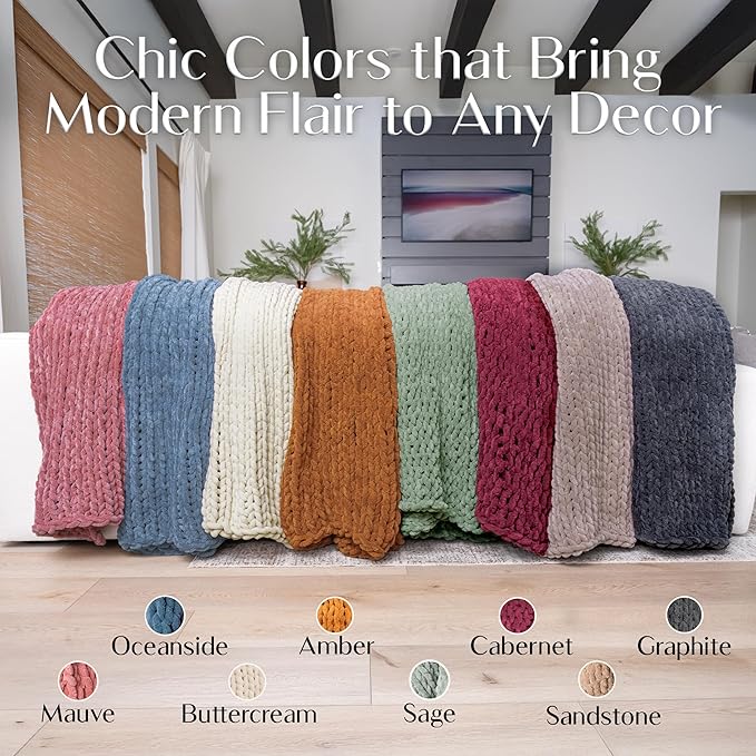 SAMIAH LUXE Chunky Knit Blanket Throw 50x60", Cream Chenille Chunky Knit Throw Blanket for Living Room Decor or Boho Decor, Thick Yarn Knitted Blankets for Couch or Bed, Cable Knitted Crochet Blankets