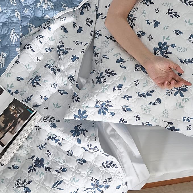 Bedsure Floral Quilt Queen Size - Reversible Blue & White Quilt Bedding, Daisy Design Bedspread Microfiber Lightweight Coverlet for All Seasons (90"x96")