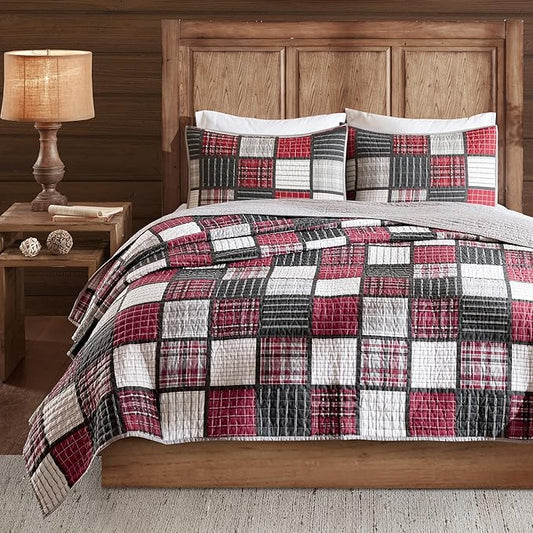 Woolrich Reversible Quilt Cabin Lifestyle Design - All Season, Breathable Coverlet Bedspread Bedding Set, Matching Shams, Oversized King/Cal King, Tulsa Plaid Red/Grey 3 Piece