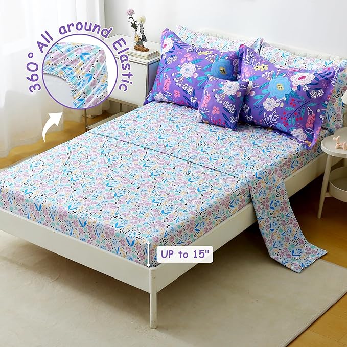 Mooreeke Kids Twin Comforter Sets for Girls 6 Pieces Purple Floral Bedding Set for Teens Microfiber Flowers Kids Bed in A Bag with Comforter, Sheet Set, Shams and Decorative Toy Pillow All Season