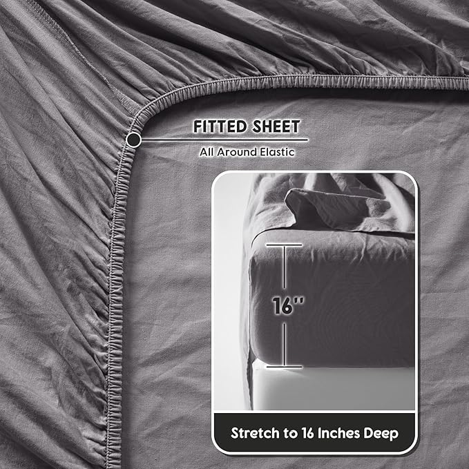 SONORO KATE 100% French Pure Linen Sheets, Breathable and Durable Linen Full Size Sheets, Anti-Tear Linen Bed Sheets, Machine Washable, 16 Inch Deep Pocket - 4 Piece (Dark Grey, Full)