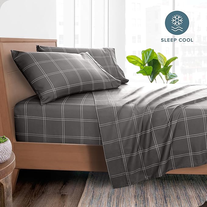 Bare Home California King Sheet Set - 1800 Ultra-Soft Microfiber Cal King Bed Sheets - Double Brushed - Deep Pockets - Easy Fit - 4 Piece Set (Cal King, Modern Plaid - Grey/White)