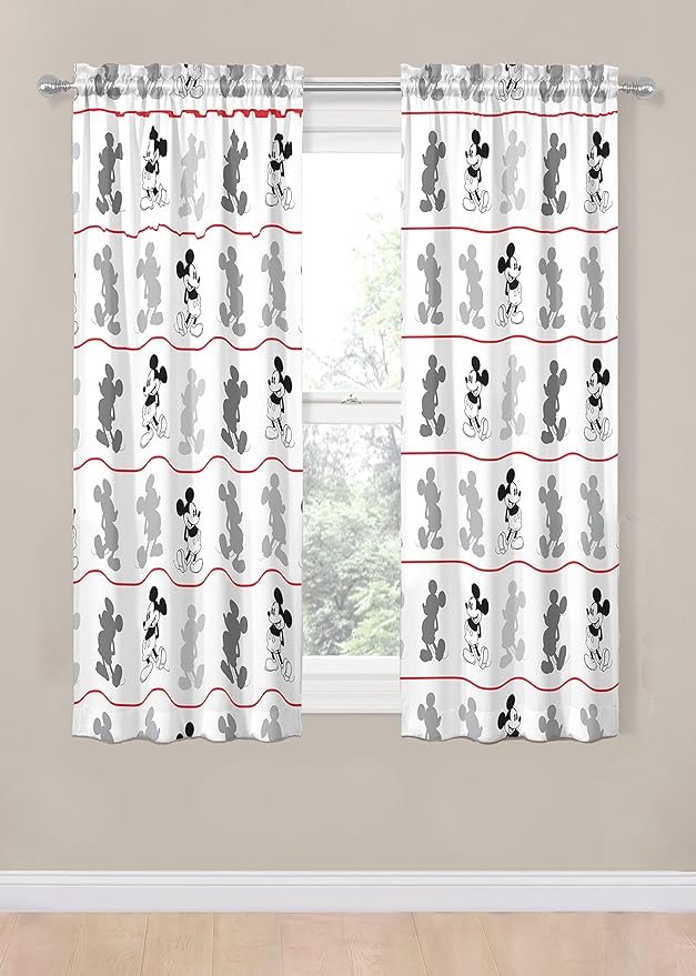 Disney Mickey Mouse Jersey White 4 Piece 63" Curtain/Drapes Set (2 Panels, 2 Tiebacks)