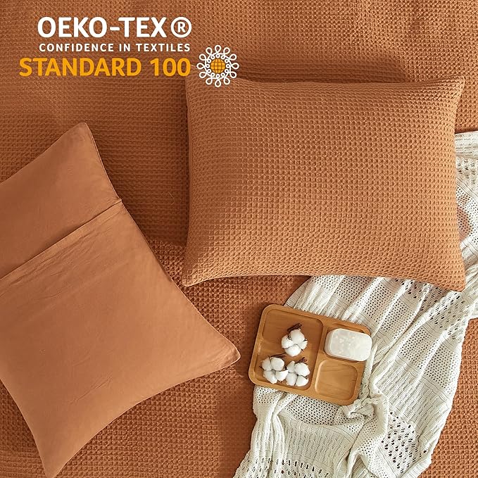 SE SOFTEXLY Waffle Duvet Cover Queen, 100% Cotton Waffle Weave Bedding Duvet Cover Set, Soft and Breathable Comforter Cover for All Season, 3 Pieces Including Pillow Shams（Terra Cotta, 90”x90”）