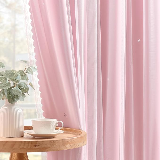 XiDi Light Pink Blackout Curtains for Girls Bedroom Living Room 63 Inches Long 2 Panels Hollow Star Nursery Kids Thermal Insulated Room Darkening Drapes Grommet Noise Reducing Window Curtains 34x63