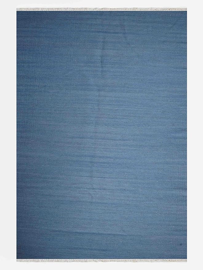 Rugsotic Carpets Hand Woven Flat Weave Kilim Wool ECO-Friendly Area Rugs - 5'x8', Rectangle Shape, Blue Color, Solid Plain Design, Low Pile Handmade Area Rugs for Living Room, Bed Room (D00111)