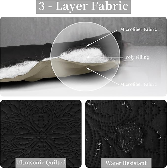 Easy-Going Full/Queen Size Reversible Quilt Set with 1 Quilt and 2 Pillow Shams, Soft Bed Quilt Cover, Water Resistant Lightweight Microfiber Bedspread, Stain Resistant, Damask-Black/Beige