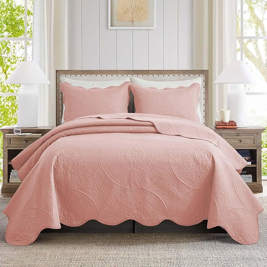 IR Imperial Rooms California King Quilt Bedding Set Size (118"x106") + 2 Pillow Shams (20" x 36"+ 2") - 3 Pcs All Season Reversible Microfiber Coverlet Embossed Floral Quilt Bedspread (Baby Pink)