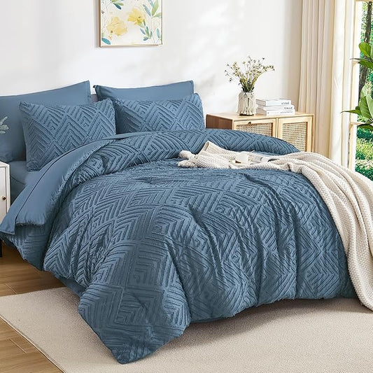 Andency King Size Comforter Set 7 Pieces Ocean Blue - Bed in a Bag King Boho Lightweight Fluffy Tufted Bedding Sets with Quilt Comforter, Sheets, Pillowcases & Shams