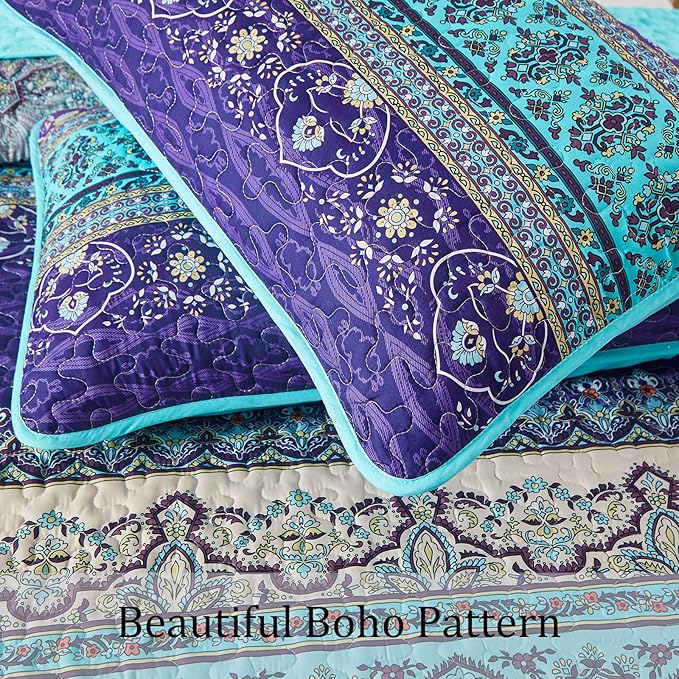 WONGS BEDDING Boho Queen Quilt Set, Blue Purple Bohemian Queen Quilt Bedding Set, Lightweight Microfiber Bed Decor Bedspread for All Season 96"x90"(3 Pieces)