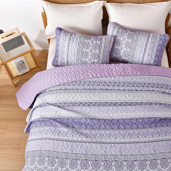 WONGS BEDDING Boho Quilt Set King Size, Purple Bohemian 3 Pieces Quilt Sets, Lightweight Bedspread Coverlet Bedding Set for All Season (104"x90")