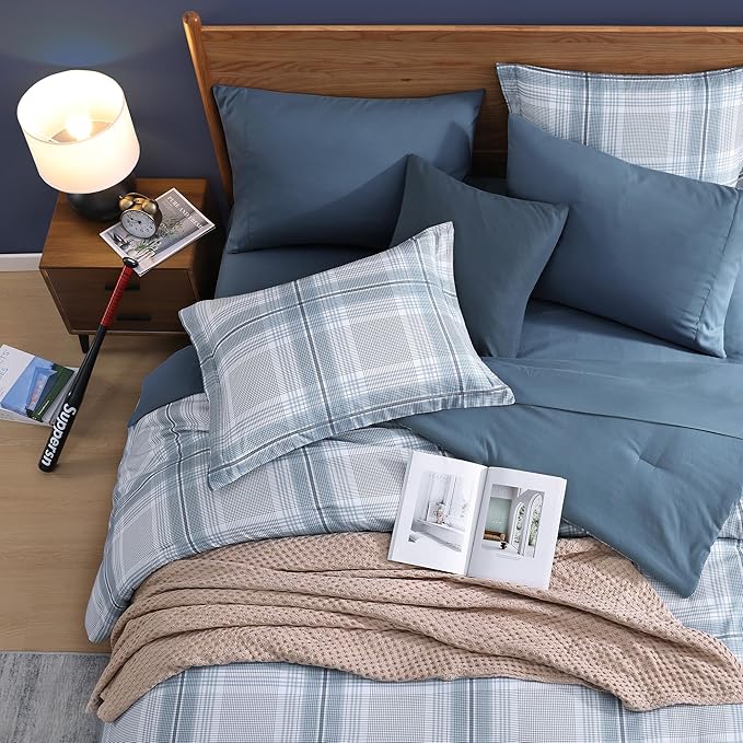 Full Size Comforter Sets, Light Blue Plaid Bedding Set 7 Piece for Boys Girls Teen, Classic Homestead-Style Kids Comforter Set Bed in A Bag with Sheets, Pillowcases & Shams