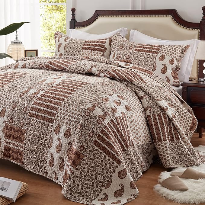 LEAONME Quilt Set King Size 3 Piece Bedspread Coverlet Lightweight Comforter Microfiber Reversible Bedding Set for All Season Oversized 98x106 Inch Bed Cover Paisley Brown (1 Quilt, 2 Pillow Shams)