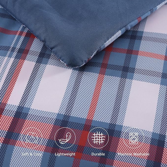 Plaid Twin XL Comforter Set Navy Red, Bedding Set 5 Pieces for Boys Girls Teen, Lightweight Bed in a Bag for Dorm with Sheets, Pillowcase & Sham