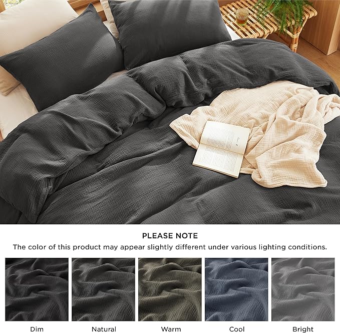Bedsure 100% Muslin Cotton Duvet Cover King Size - Ultra-Soft, Breathable & Lightweight - Linen Like Gauze Comforter Cover Set with Button Closure and Corner Ties (Dark Grey, King, 104"x90")