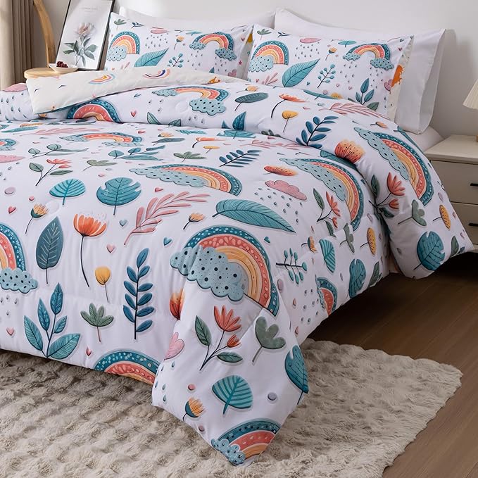 Btargot Lightweight Soft 3 Piece Rainbow Comforter Set with 2 Pillow Covers, Cartoon Leaves Flowers Bedding Set for Girls Boys Kids, Full Green