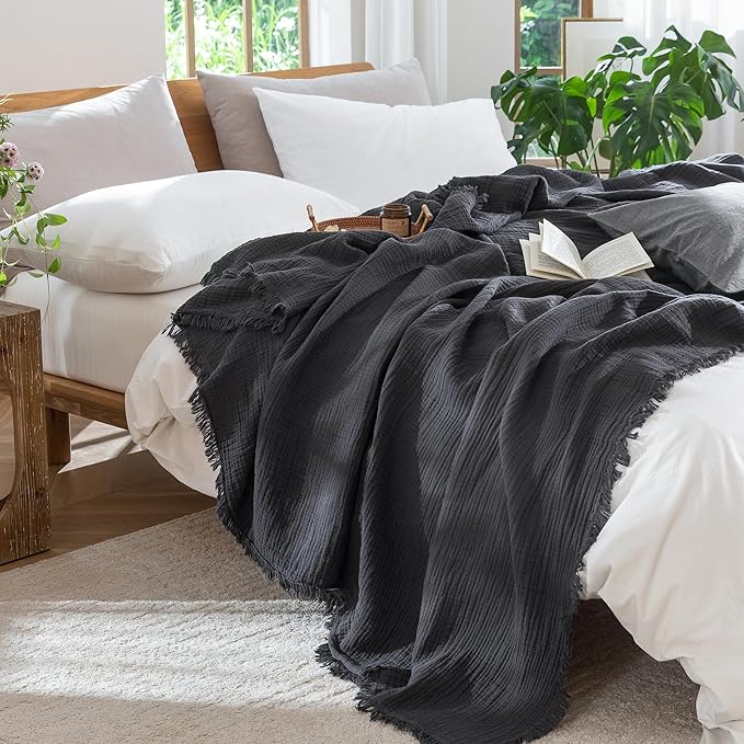 MooMee Muslin Blanket - 100% Cotton 4-Layer Gauze Throw Blanket with All-Around Fringe, Ultra-Soft Breathable Lightweight Cooling Decorative for Bed, Sofa & Couch (Dark Grey, Queen 90" x 90")