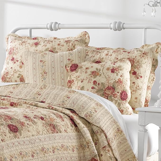 Greenland Home Antique Rose 100% Cotton Heirloom-Quality Quilt Set, 5-Piece King/Cal King, Ecru