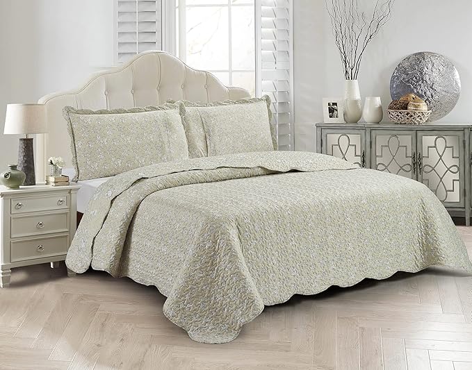 Brilliant Sunshine Classic Grey Floral Toile in Beige Background, 3-Piece Quilt Set with 2 Shams, Reversible Bedspread, Soft Lightweight Coverlet, All-Season, King, Beige