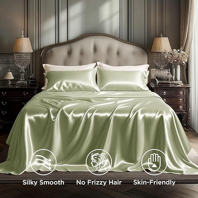 Bedsure Satin Sheets Queen Size - 4 Piece Silky Bedsheets with Elastic Corner Straps and 15 Inches Deep Pocket Fitted Bedsheet,1 Flat Sheet, 2 Satin Pillowcases, Good for Hair &Skin(Queen,Light Green)