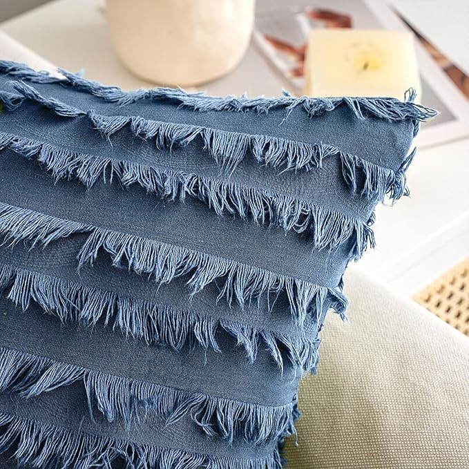 MIULEE Set of 2 Decorative Boho Throw Pillow Covers Linen Striped Jacquard Pattern Cushion Covers for Sofa Couch Living Room Bedroom 18x18 Inch Dark Blue